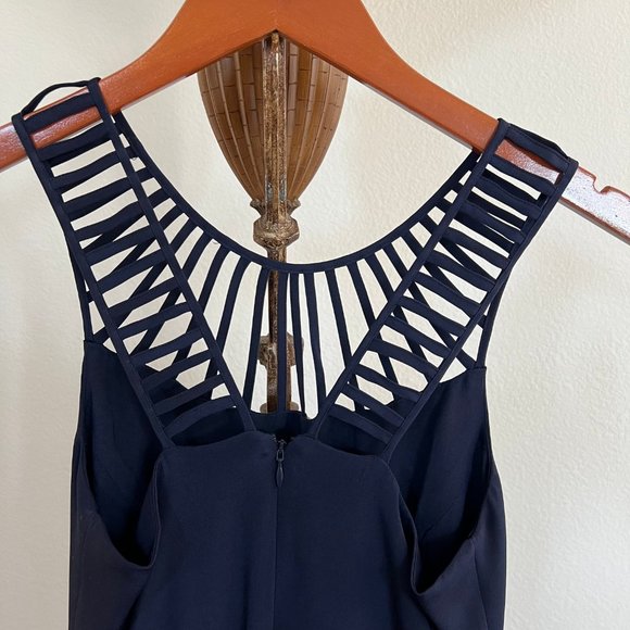 Parker Size XS Navy Blue Sleeveless Cage V-Neck Silk Fit & Flare Mini Dress - Picture 6 of 10